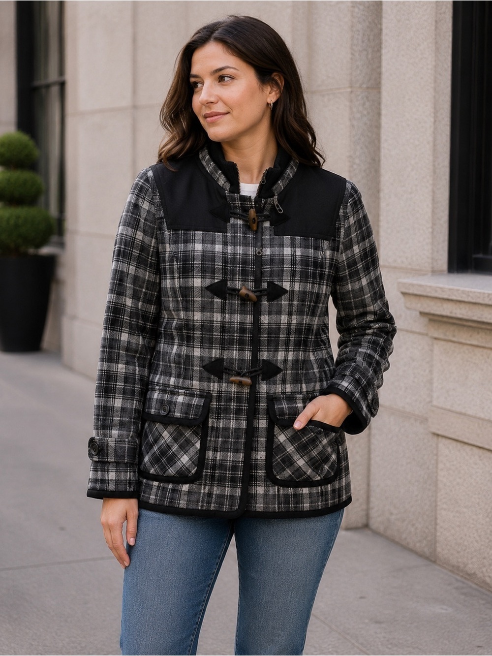 Billabong Black and Gray Plaid Wool Toggle Jacket Size M Fall Casual Winter